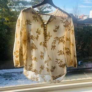 Anthropologie Blouse Top with Gold Floral Embroidery and Gold buttons
